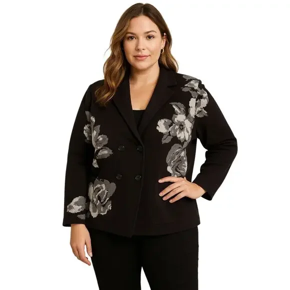 Chico’s Black Gray Floral Knit Button Jacket Cardigan – Size 4 XXL - Picture 1 of 7